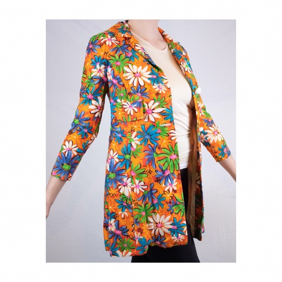 Vintage Barkcloth Orange Psychedelic Flower Jacket - Picture 3 of 4